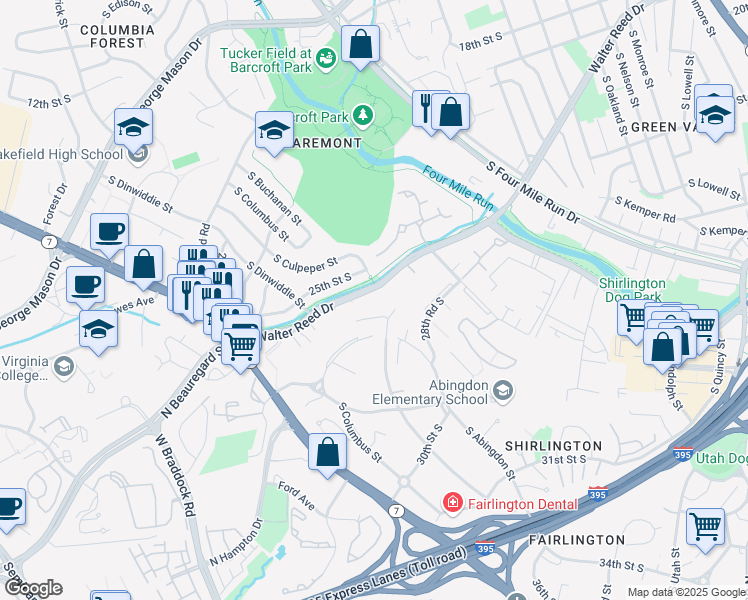 map of restaurants, bars, coffee shops, grocery stores, and more near 2735 South Walter Reed Drive in Arlington