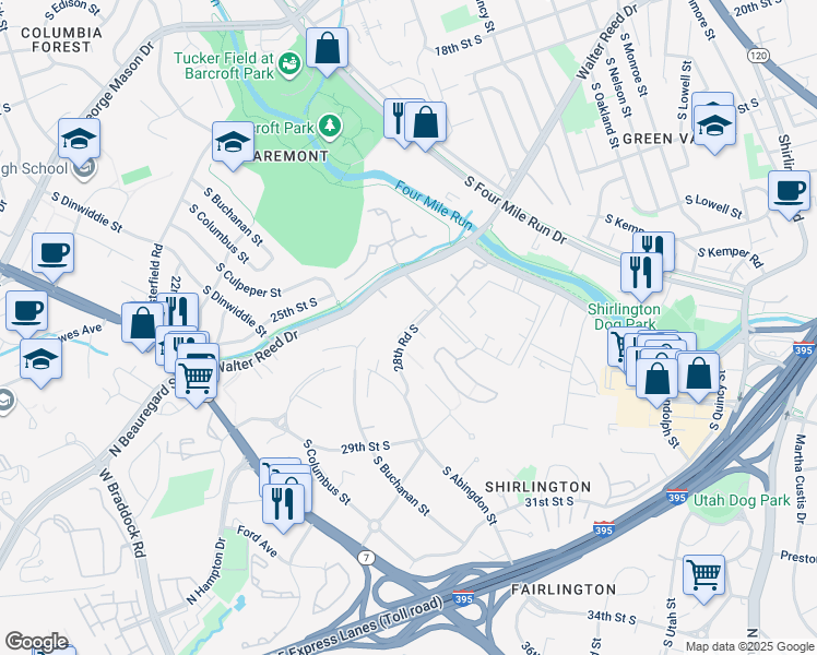 map of restaurants, bars, coffee shops, grocery stores, and more near 4633 28th Road South in Arlington