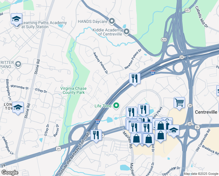 map of restaurants, bars, coffee shops, grocery stores, and more near 5957 Havener House Way in Centreville