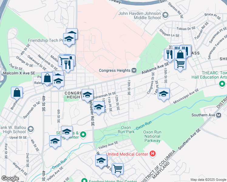 map of restaurants, bars, coffee shops, grocery stores, and more near 1112 Savannah Street Southeast in Washington
