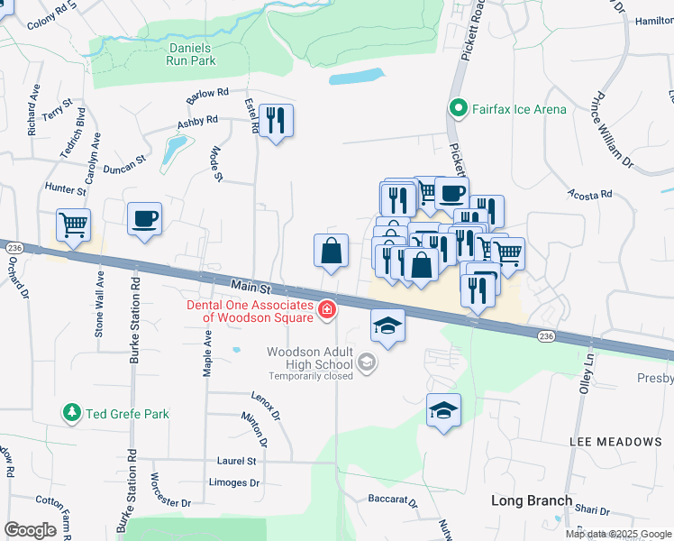 map of restaurants, bars, coffee shops, grocery stores, and more near 3970 Wilcoxson Drive in Fairfax
