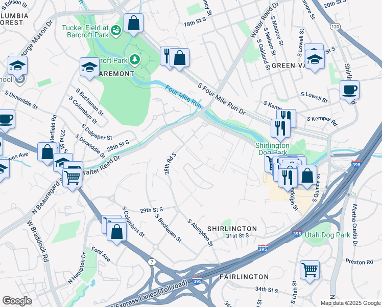 map of restaurants, bars, coffee shops, grocery stores, and more near 2850C South Wakefield Street in Arlington
