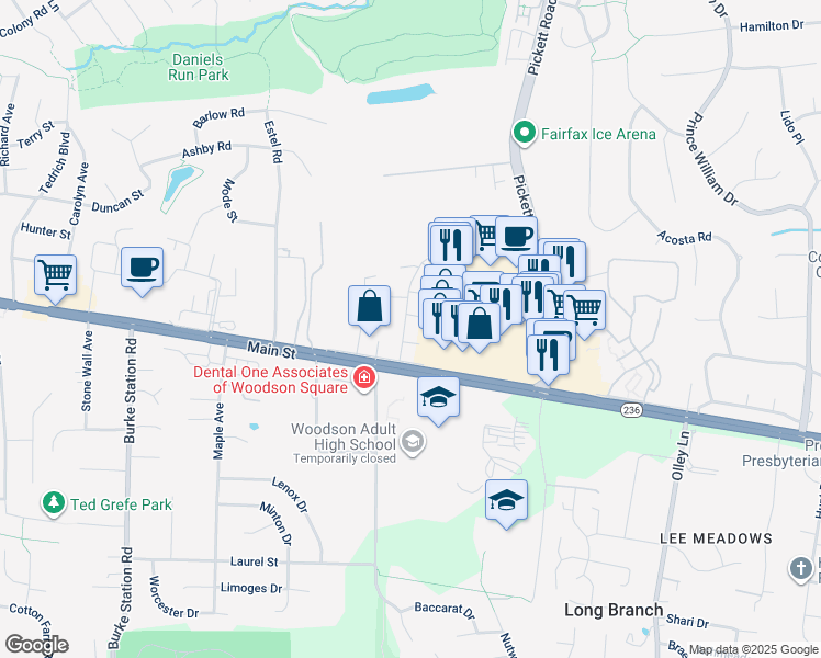 map of restaurants, bars, coffee shops, grocery stores, and more near 3958 Bradwater Street in Fairfax
