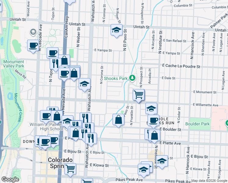 map of restaurants, bars, coffee shops, grocery stores, and more near 621 East Monument Street in Colorado Springs
