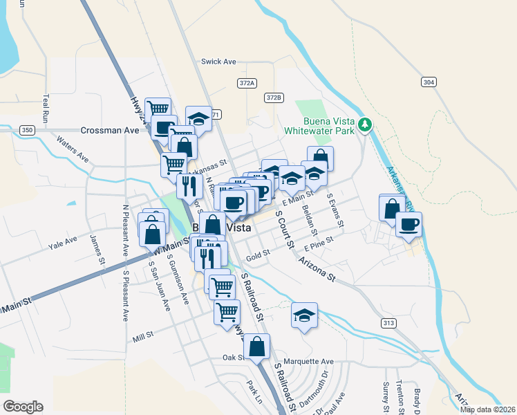 map of restaurants, bars, coffee shops, grocery stores, and more near 329 East Main Street in Buena Vista