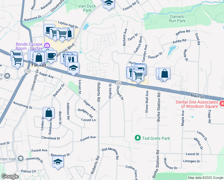 map of restaurants, bars, coffee shops, grocery stores, and more near 4015 Virginia Street in Fairfax