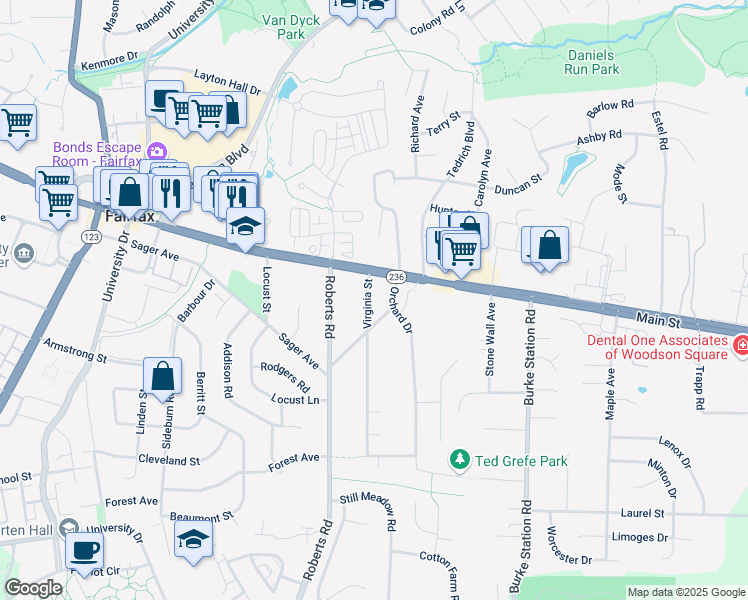 map of restaurants, bars, coffee shops, grocery stores, and more near 4015 Virginia Street in Fairfax