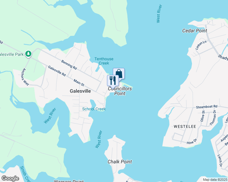 map of restaurants, bars, coffee shops, grocery stores, and more near 4817 Riverside Drive in Galesville