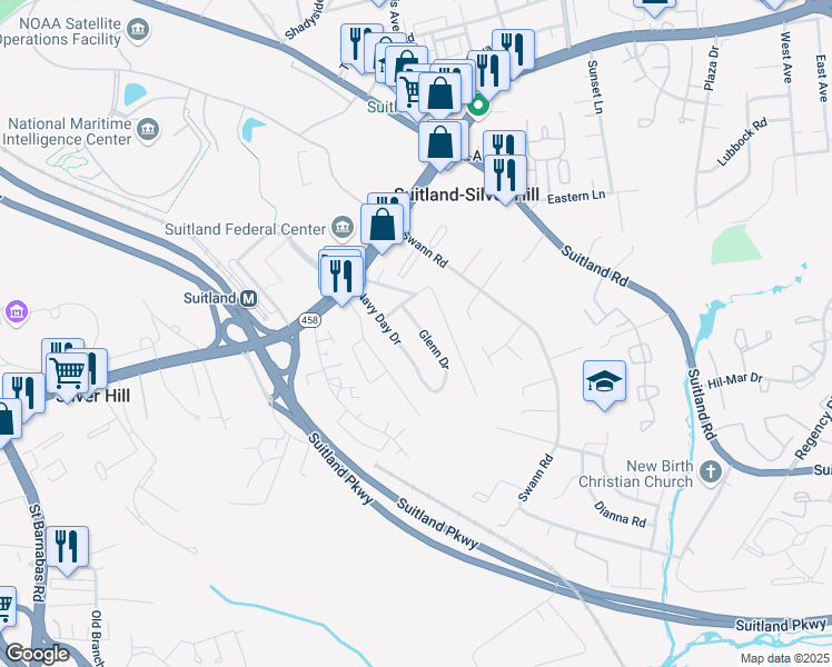 map of restaurants, bars, coffee shops, grocery stores, and more near 3413 Glenn Drive in Hillcrest Heights