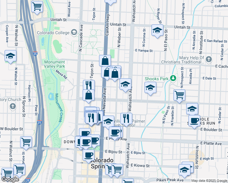 map of restaurants, bars, coffee shops, grocery stores, and more near 624 North Weber Street in Colorado Springs