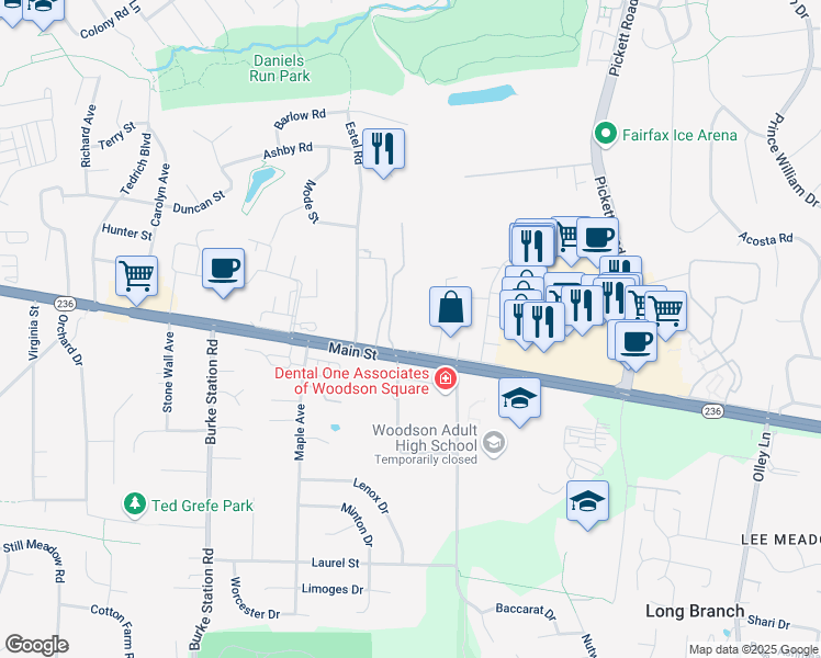 map of restaurants, bars, coffee shops, grocery stores, and more near 9774 Main Street in Fairfax