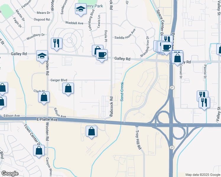 map of restaurants, bars, coffee shops, grocery stores, and more near 730 Babcock Road in Colorado Springs