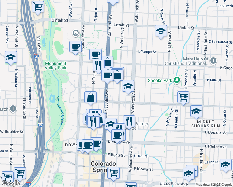 map of restaurants, bars, coffee shops, grocery stores, and more near 224 East Willamette Avenue in Colorado Springs