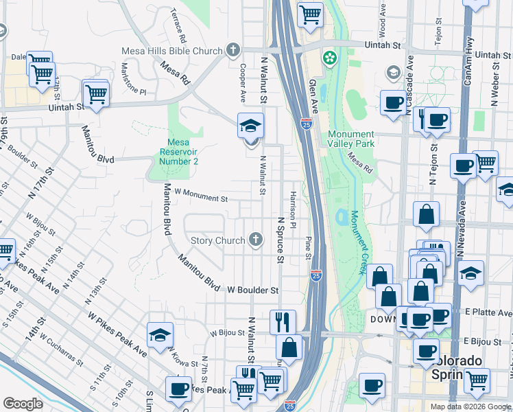 map of restaurants, bars, coffee shops, grocery stores, and more near 623 North Walnut Street in Colorado Springs
