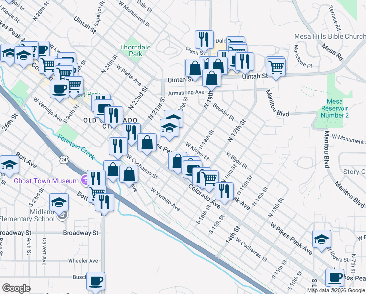 map of restaurants, bars, coffee shops, grocery stores, and more near 12 North 18th Street in Colorado Springs