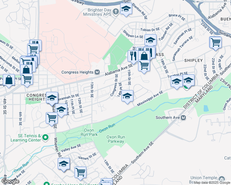 map of restaurants, bars, coffee shops, grocery stores, and more near 1359 Congress Street Southeast in Washington