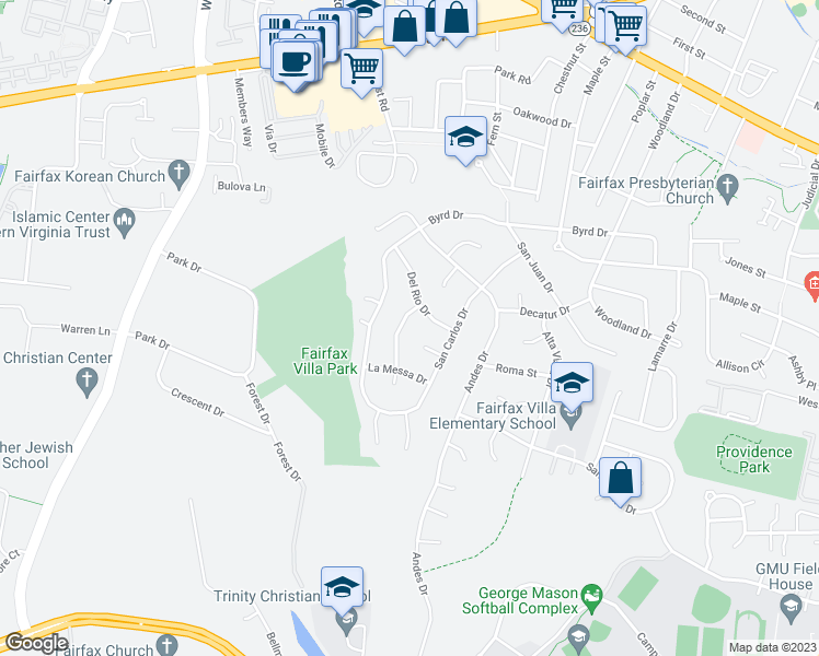 map of restaurants, bars, coffee shops, grocery stores, and more near 4321 San Marcos Drive in Fairfax