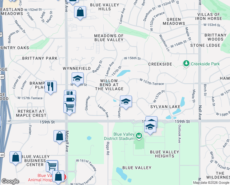 map of restaurants, bars, coffee shops, grocery stores, and more near 15778 Horton Street in Overland Park