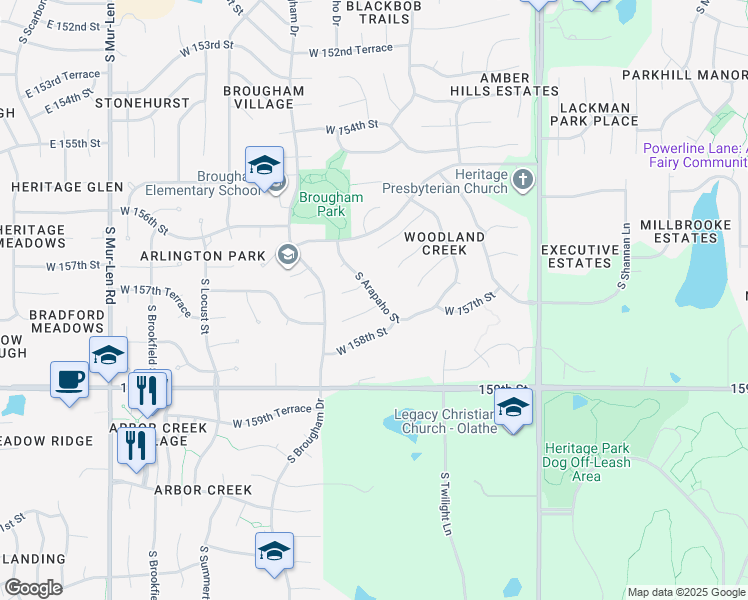 map of restaurants, bars, coffee shops, grocery stores, and more near 15871 West 157th Terrace in Olathe