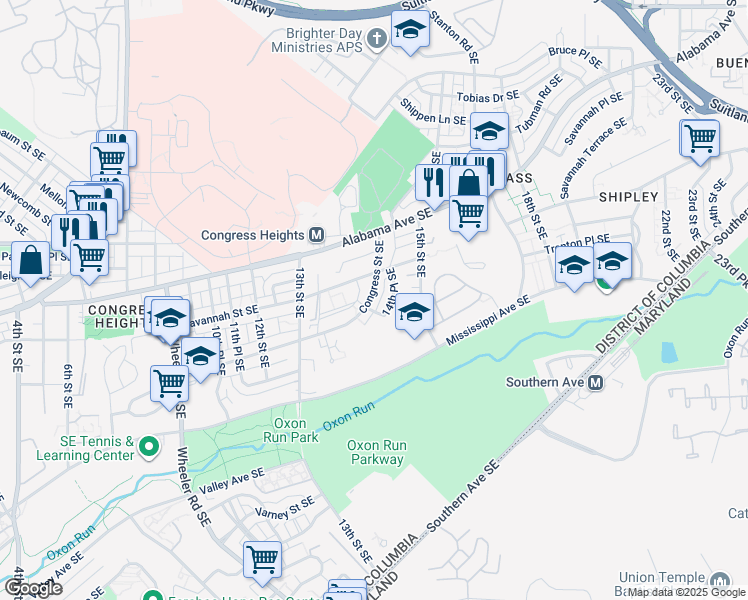 map of restaurants, bars, coffee shops, grocery stores, and more near 1359 Congress Street Southeast in Washington