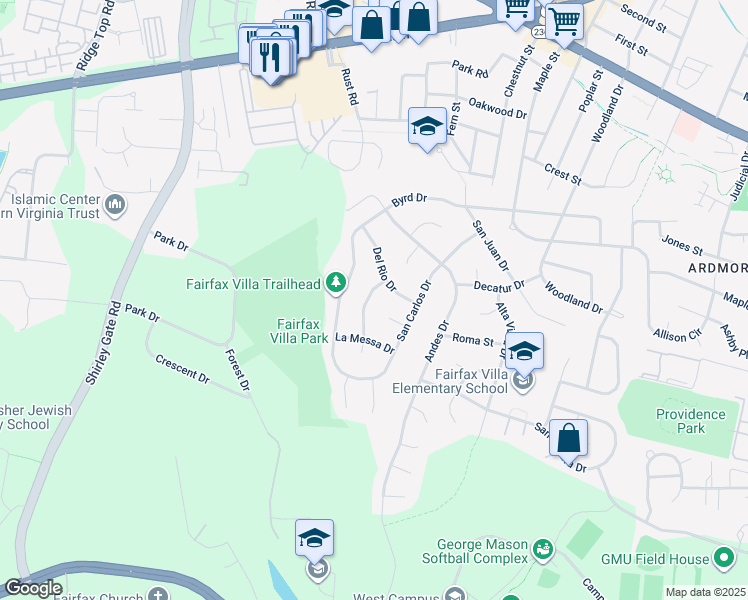 map of restaurants, bars, coffee shops, grocery stores, and more near 4321 San Marcos Drive in Fairfax