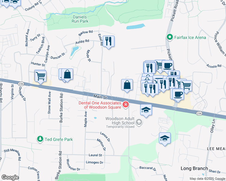 map of restaurants, bars, coffee shops, grocery stores, and more near 3975 Lyndhurst Drive in Fairfax