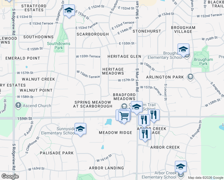 map of restaurants, bars, coffee shops, grocery stores, and more near 16791 West 158th Street in Olathe