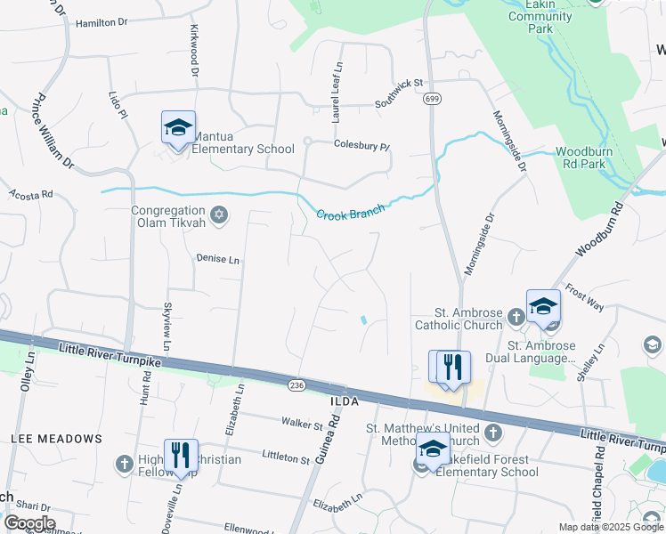 map of restaurants, bars, coffee shops, grocery stores, and more near Glade Hill Road in Fairfax