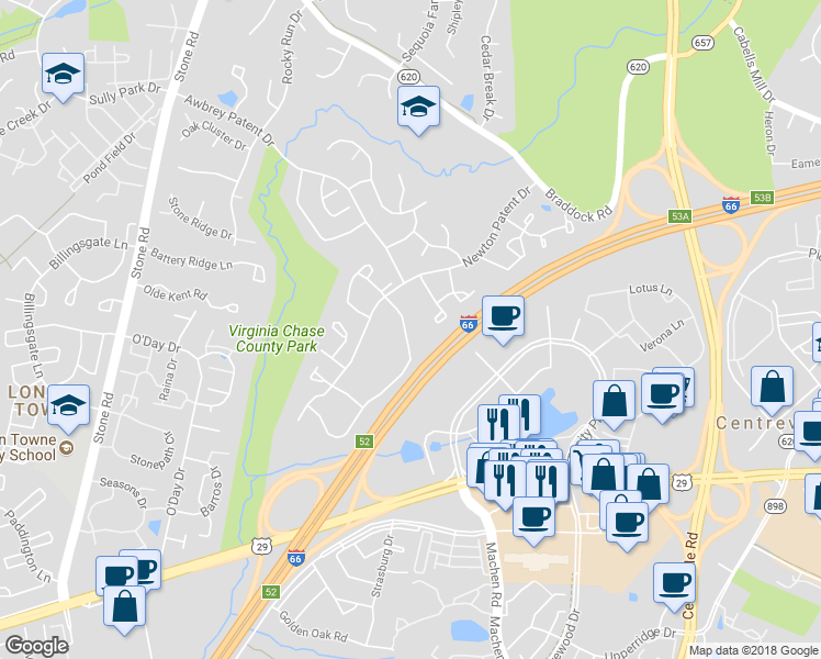 map of restaurants, bars, coffee shops, grocery stores, and more near 5949 Havener House Way in Centreville