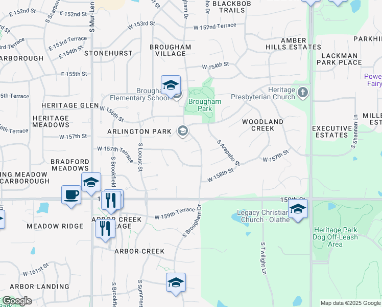 map of restaurants, bars, coffee shops, grocery stores, and more near 16391 West 157th Street in Olathe