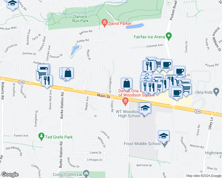 map of restaurants, bars, coffee shops, grocery stores, and more near 3945 Lyndhurst Drive in Fairfax