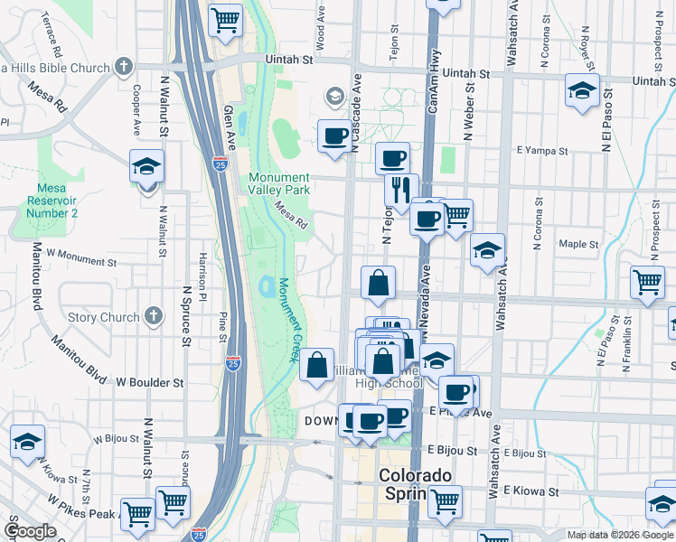 map of restaurants, bars, coffee shops, grocery stores, and more near 16 West Willamette Avenue in Colorado Springs
