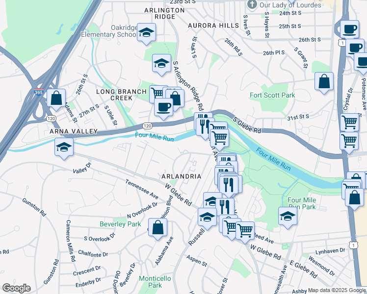 map of restaurants, bars, coffee shops, grocery stores, and more near 601 4 Mile Road in Alexandria