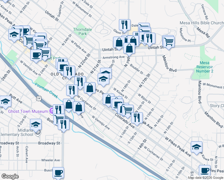 map of restaurants, bars, coffee shops, grocery stores, and more near 12 North 18th Street in Colorado Springs