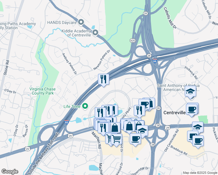 map of restaurants, bars, coffee shops, grocery stores, and more near 5860 Trinity Parkway in Centreville
