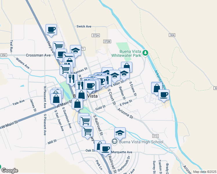 map of restaurants, bars, coffee shops, grocery stores, and more near 501 East Main Street in Buena Vista