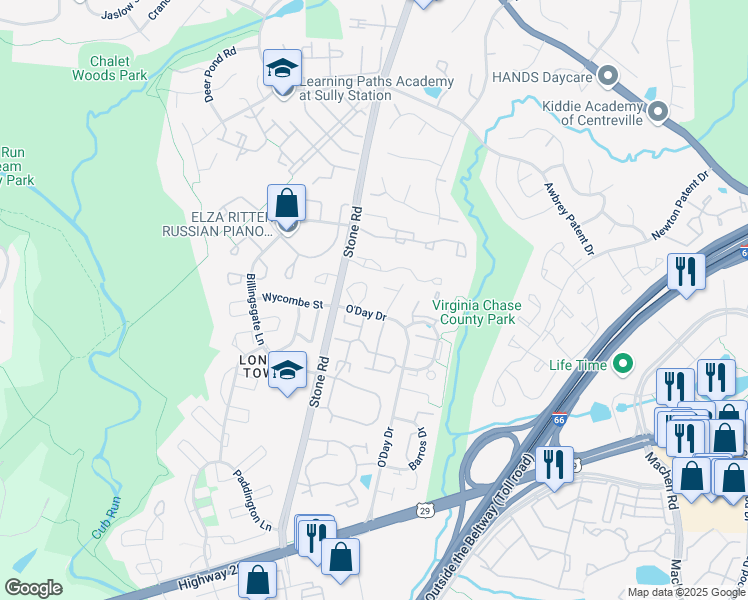 map of restaurants, bars, coffee shops, grocery stores, and more near 5948 Raina Drive in Centreville