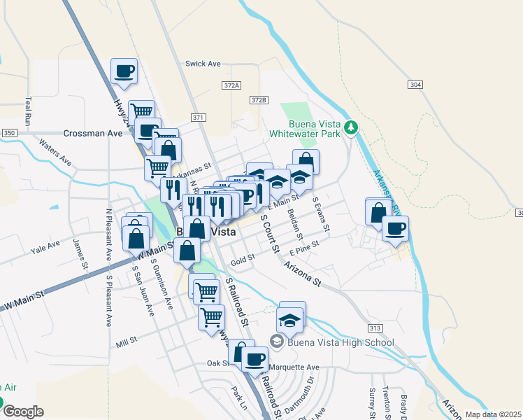 map of restaurants, bars, coffee shops, grocery stores, and more near 501 East Main Street in Buena Vista