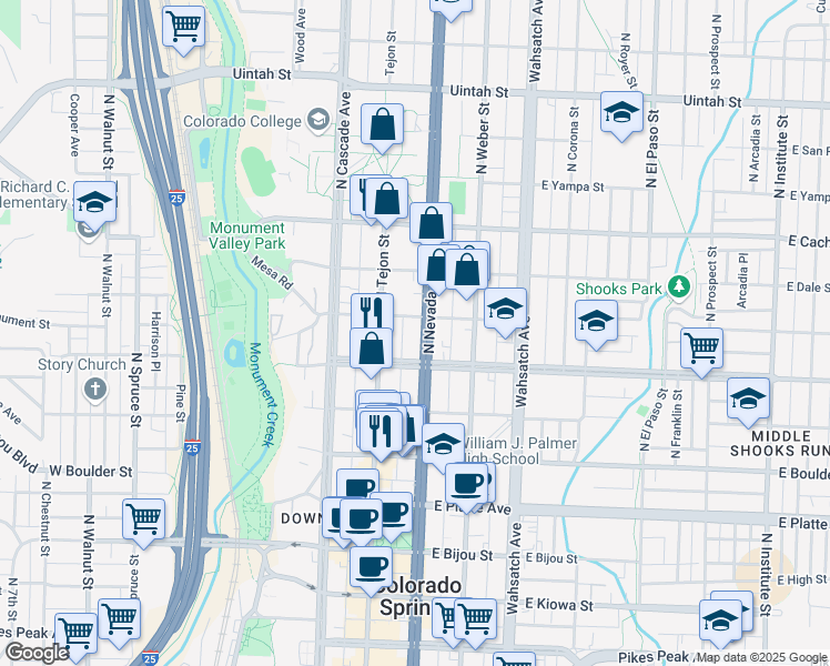 map of restaurants, bars, coffee shops, grocery stores, and more near 622 North Nevada Avenue in Colorado Springs