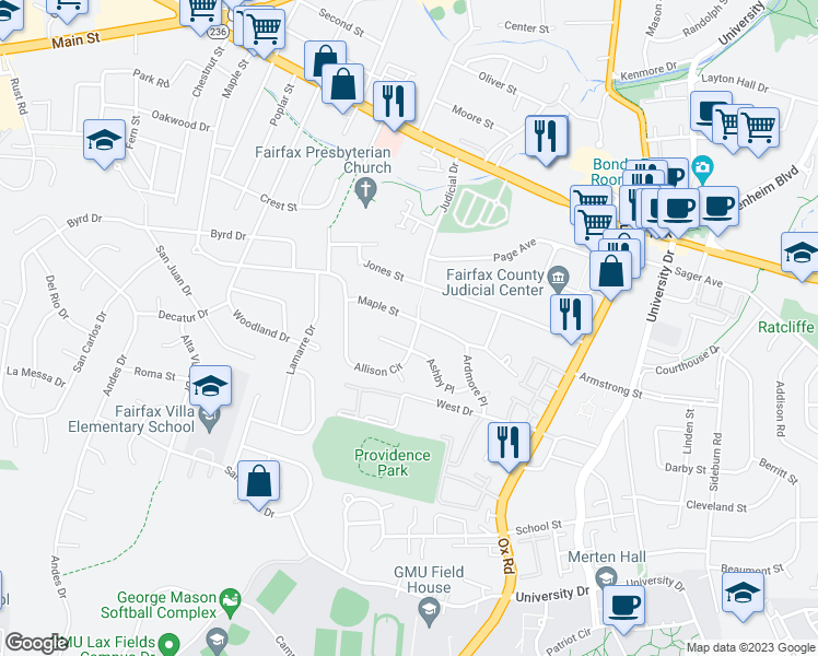 map of restaurants, bars, coffee shops, grocery stores, and more near 4200 Allison Circle in Fairfax
