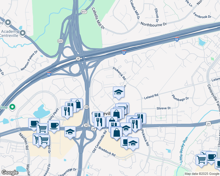 map of restaurants, bars, coffee shops, grocery stores, and more near 13937 Malcolm Jameson Way in Centreville