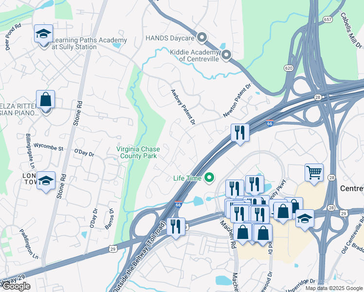 map of restaurants, bars, coffee shops, grocery stores, and more near 14392 Havener House Court in Centreville