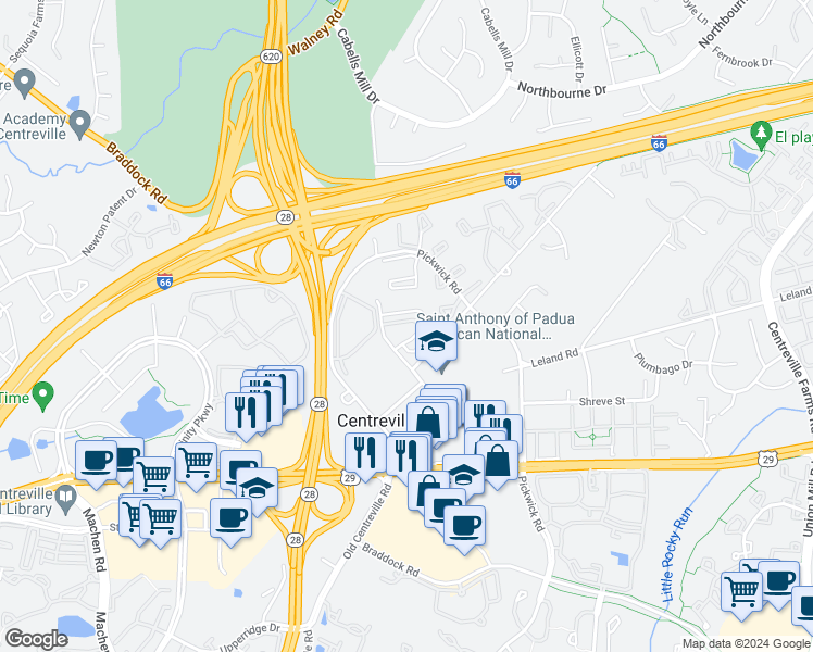 map of restaurants, bars, coffee shops, grocery stores, and more near 13937 Malcolm Jameson Way in Centreville
