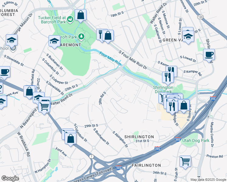 map of restaurants, bars, coffee shops, grocery stores, and more near 2842C South Wakefield Street in Arlington