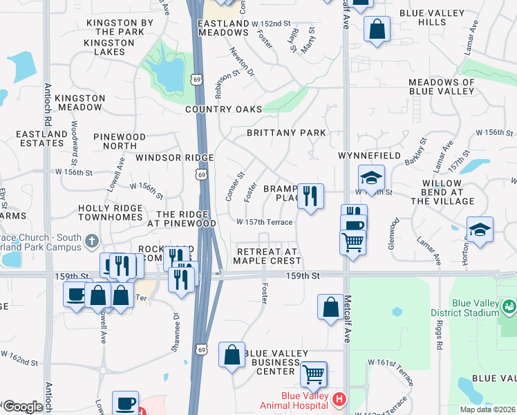 map of restaurants, bars, coffee shops, grocery stores, and more near 15622 Riley Street in Overland Park