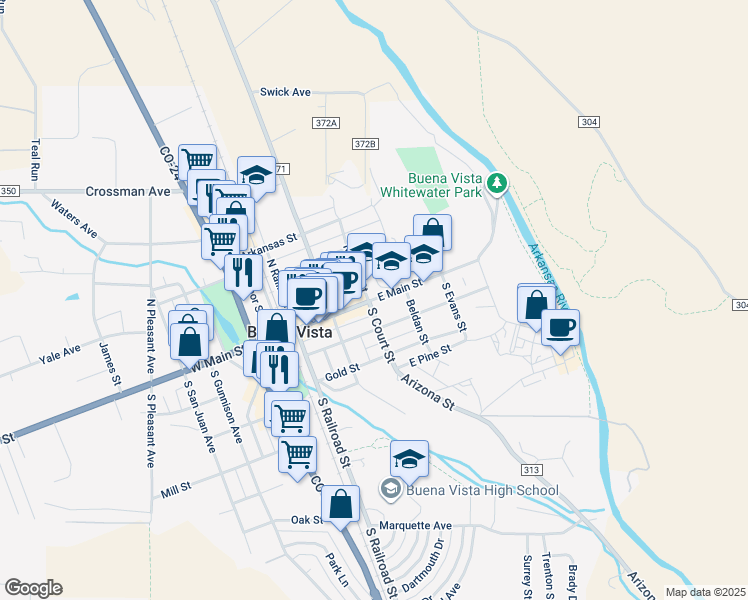 map of restaurants, bars, coffee shops, grocery stores, and more near 513 East Main Street in Buena Vista