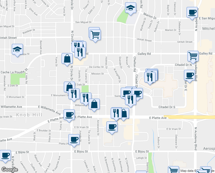 map of restaurants, bars, coffee shops, grocery stores, and more near 809 Don Juan Court in Colorado Springs