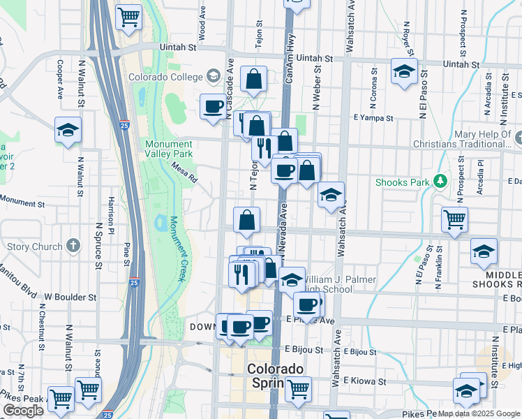 map of restaurants, bars, coffee shops, grocery stores, and more near 704 North Tejon Street in Colorado Springs
