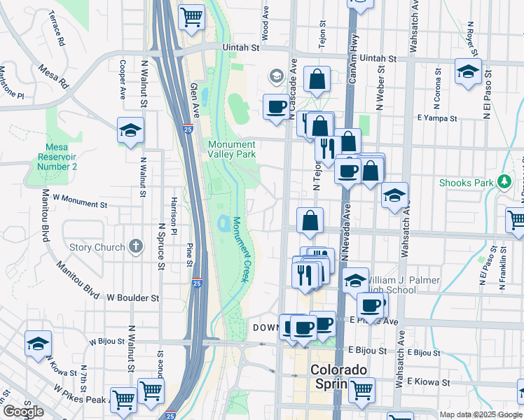 map of restaurants, bars, coffee shops, grocery stores, and more near 10 West Monument Street in Colorado Springs