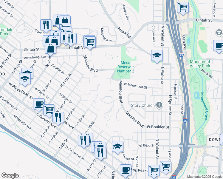 map of restaurants, bars, coffee shops, grocery stores, and more near 880 Manitou Boulevard in Colorado Springs